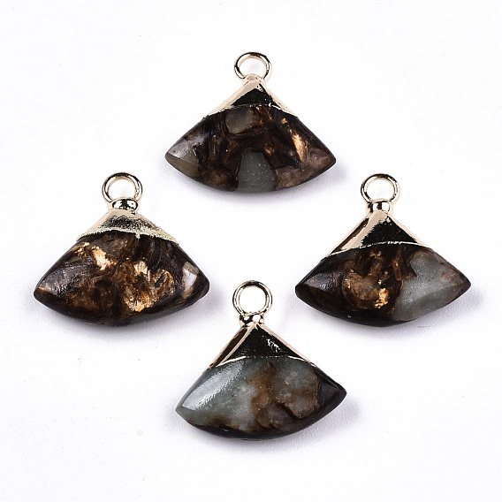Fan Assembled Synthetic Bronzite and Aqua Terra Jasper Pendants, with Iron Loop and Light Gold Plated Brass Top
