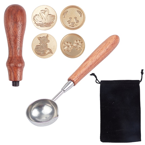 DIY Scrapbook, Brass Wax Seal Stamp and Wood Handle Sets, with Stamp Head, Iron Wax Sticks Melting Spoon and Rectangle Velvet Pouches, Animals and Animal Footprints