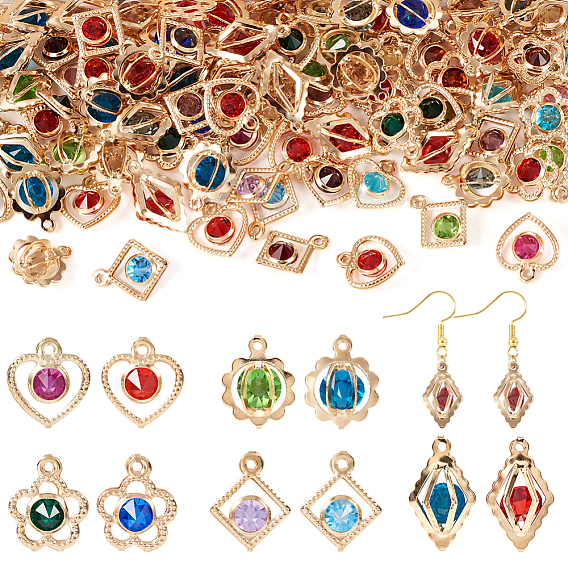 100шт 5 стили покрытия стойки экологически чистые железные подвески, со стразами, сердце и ромб и цветок и круг, золотой свет