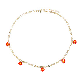 Handmade Woven Rice Bead Flower Necklace - Simple Daisy Collarbone Chain.