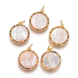 Brass Pendants, with Micro Pave Cubic Zirconia, Shell and Jump Rings, Flat Round with Virgin Mary