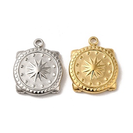 304 Stainless Steel Pendants, Flat Round with Sun Pattern Charm