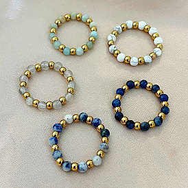 201 Кольца из нержавеющей стали с круглыми бусинами из драгоценных камней, золотые