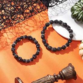 2 шт. 2 стили браслеты на Хэллоуин из натуральной лавы, круглой и окрашенной синтетической бирюзы с черепами, растягивающиеся, наборы для женщин и мужчин