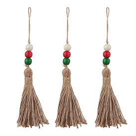 Christmas Natural Wood Bead Pendant Decoraiton, Jute Cord Tassel Hanging Ornament