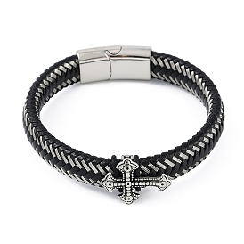 Braided Microfiber Leather Cord Bracelets, with 304 Stainless Steel Magnetic Clasps, Cross