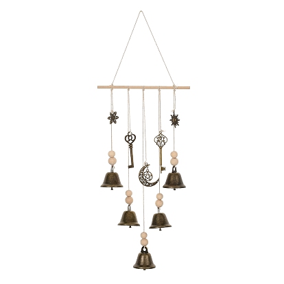 Железный колокольчик и сплав ключей/солнца/луны подвесные украшения, деревянные бусины и хлопковый шнур для украшения стены дома