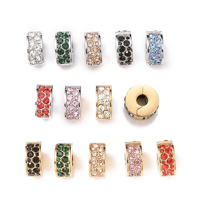 304 Stainless Steel European Clasps, with Rhinestone, Large Hole Beads, Flat Round