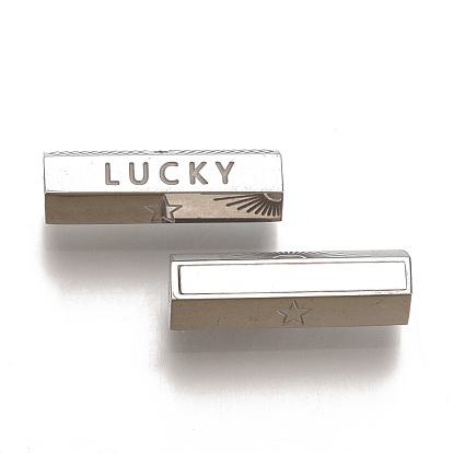 304 Stainless Steel Beads, with Shell, Hexagonal Prism with Word Lucky & Star Pattern