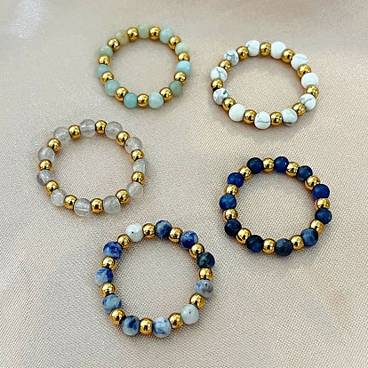 201 Кольца из нержавеющей стали с круглыми бусинами из драгоценных камней, золотые