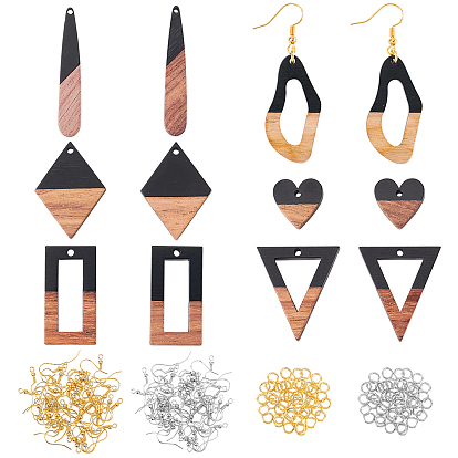 Kits de fabrication de boucles d'oreilles bricolage, y compris 12pcs 6 styles pendentifs en résine et bois de noyer, 60 pcs 2 couleurs crochets de boucle d'oreille en laiton, 60pcs 2 anneaux de saut en laiton de couleurs