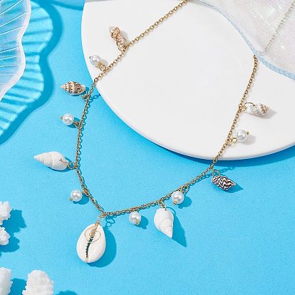 Natural Spiral Shell & Glass Pearl Charms Bib Necklace
