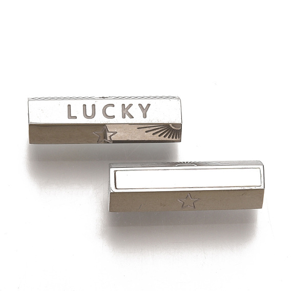 304 Stainless Steel Beads, with Shell, Hexagonal Prism with Word Lucky & Star Pattern