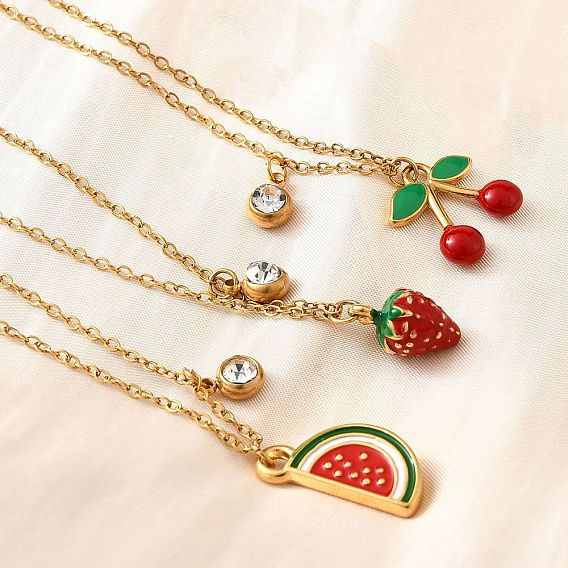 304 ожерелья из нержавеющей стали с красной эмалью для женщин, с кристально горный хрусталь, реальный 18 k позолоченный