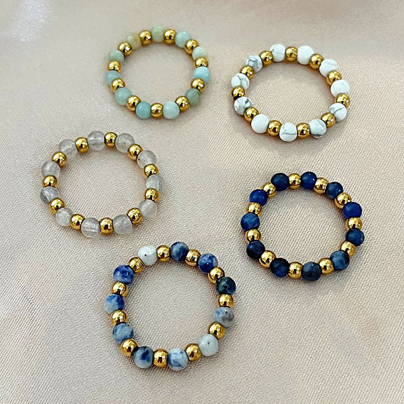 201 Кольца из нержавеющей стали с круглыми бусинами из драгоценных камней, золотые