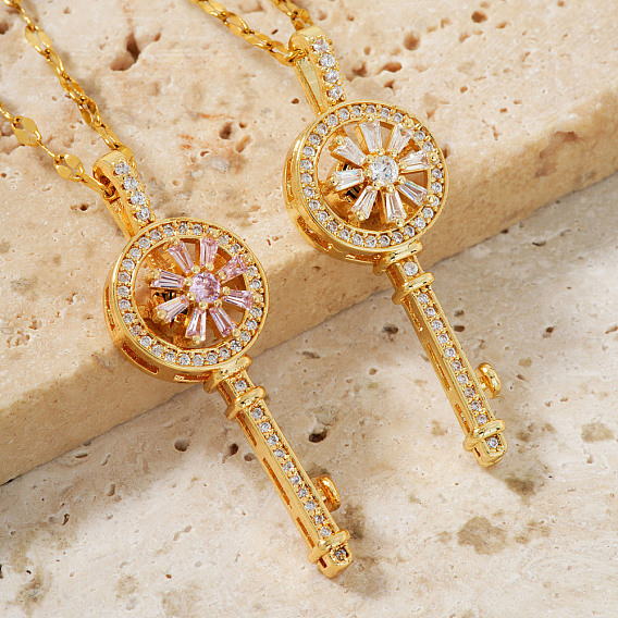Модные латунные инкрустированные циркониевые вращающиеся ожерелья с подвеской-ключом