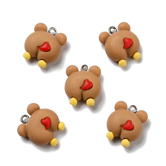 Opaque Resin Pendants, with Platinum Tone Iron Loops, Bear Butt