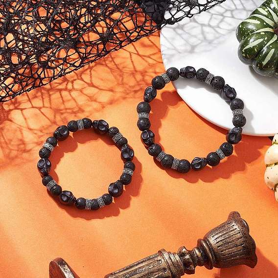 2 шт. 2 стили браслеты на Хэллоуин из натуральной лавы, круглой и окрашенной синтетической бирюзы с черепами, растягивающиеся, наборы для женщин и мужчин