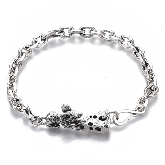Men's Alloy Cable Chain Bracelets, Mouse with Cheese, with S-Hook Clasps