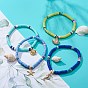 4Pcs 4 Style Handmade Polymer Clay Disc Surfer Stretch Anklets Set, Brass Fish & Shell & Starfish & Sea Horse Charms Stackable Anklets for Women