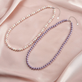 6mm Round Shell Pearl Beaded Necklaces, with Rhodium Plated 925 Sterling Silver End Chains, Real Platinum Plated