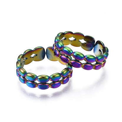 304 Stainless Steel Oval Beaded Cuff Ring, Rainbow Color Open Ring for Women