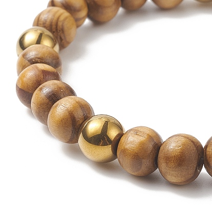 Natural Wood & Synthetic Hematite Round Beaded Stretch Bracelet for Women