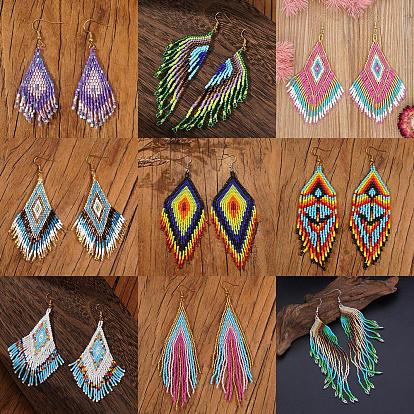 Bohemian Handmade Glass Seed Beads Tassel Dangle Earrings, Golden