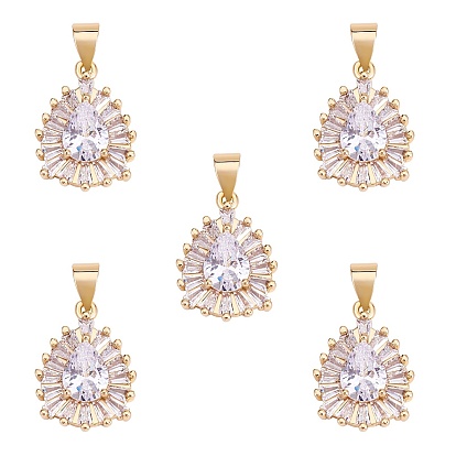 5Pcs Brass Clear Cubic Zirconia Pendants, Teardrop