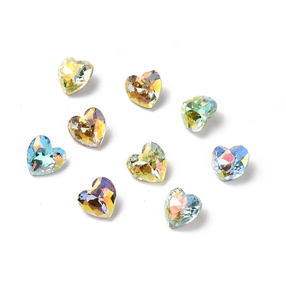 Light AB Style Glass Rhinestone Cabochons, Pointed Back & Back Plated, Heart