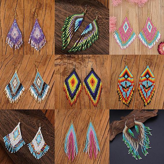 Bohemian Handmade Glass Seed Beads Tassel Dangle Earrings, Golden