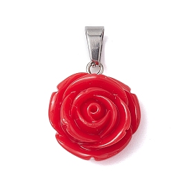 Opaque Resin Pendants, Red Rose Flower Charms with 304 Stainless Steel Snap on Bails