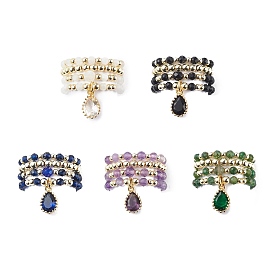 20Pcs 20 Style Natural & Synthetic Mixed Gemstone & Brass Beaded Stretch Rings Set, Cubic Zirconia Teardrop Charms Stackable Rings for Women