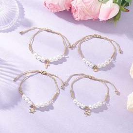 4шт. 304 браслеты с подвесками из нержавеющей стали, плетеные браслеты из стеклянных бусин и жемчуга для женщин, с нейлоновой нитью