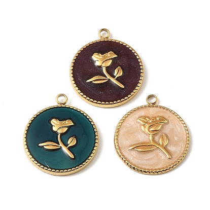 304 подвески из нержавеющей стали, плоский круглый с цветными чарами, с эмалью, реальный 18 k позолоченный, ионное покрытие (ip)