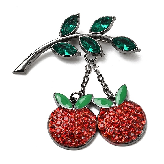 Брошь-подвеска в виде вишни с листьями, украшенная стразами, для рюкзака и одежды., металлический черный 