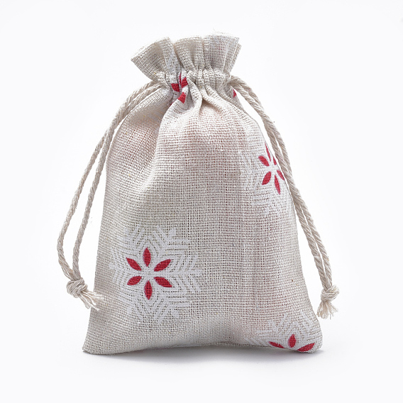 Polycotton(Polyester Cotton) Packing Pouches Drawstring Bags, with Printed Snowflake