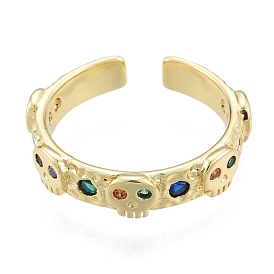 Colorful Cubic Zirconia Skull Open Cuff Rings, Brass Jewelry for Women