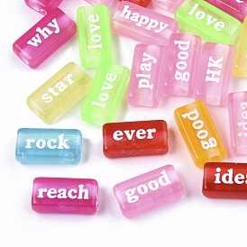 Transparent Acrylic Beads, Spray Painted, Rectangle with Words