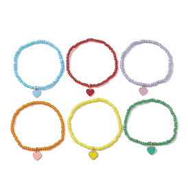 6pcs bracelets de perles de rocaille en verre, avec pendentifs en émail en alliage de coeur