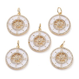 Brass Micro Pave Clear Cubic Zirconia Pendants, with White Enamel & Jump Rings, Flat Round with Compass