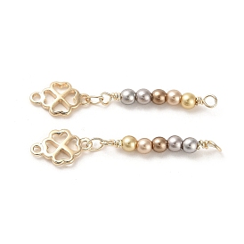 Rack Plating Brass Clover Link Connector Charms, with ABS Plastic Imitation Pearl Beads, Real 18K Gold Plated