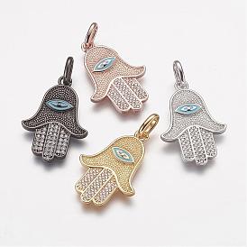 Brass Micro Pave Grade AAA Cubic Zirconia Pendants, Lead Free & Nickel Free & Cadmium Free, Hamsa Hand/Hand of Fatima/Hand of Miriam