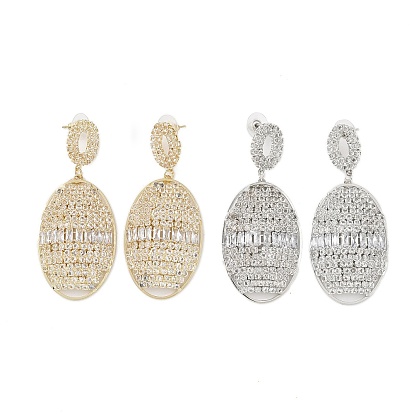 Brass Micro Pave Cubic Zirconia Stud Earrings, Oval