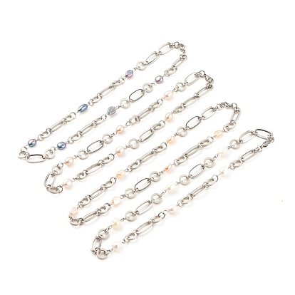 304 ожерелье из овальных и кольцевых звеньев из нержавеющей стали с бусинами из натурального жемчуга для женщин, цвет нержавеющей стали