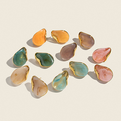 Овальные 304 серьги-гвоздики из нержавеющей стали и смолы, реальный 18 k позолоченный