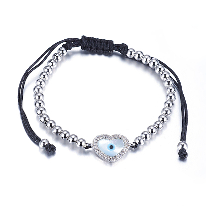 Регулируемые латунные плетеные браслеты из бисера, с нейлоновым шнуром, оболочка и микропрокладка кубического циркония, без свинца и без кадмия, сердце