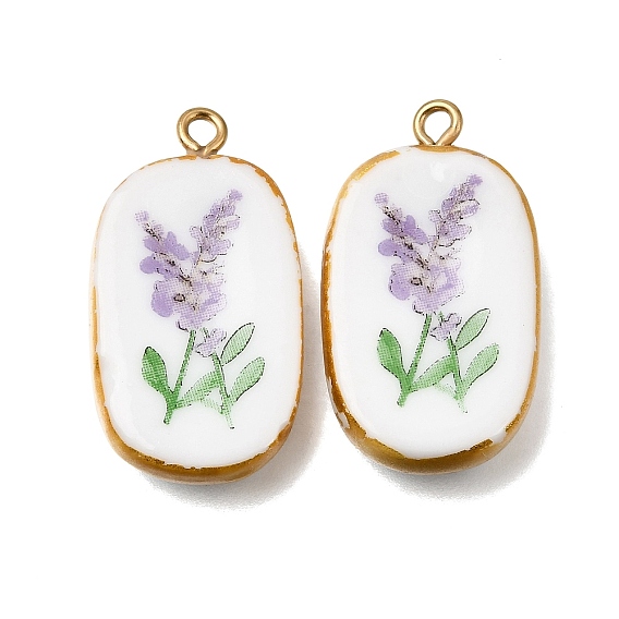 Fruit & Floral & Animals Printed Handmade Porcelain Pendants, with Golden Tone 304 Stainless Steel Loops, Oval Charms