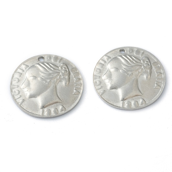 304 Stainless Steel Charms, Coin Charms, Flat Round with Queen Victoria