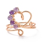 Heart Natural Mixed Stone Braided Bead Finger Rings, Light Gold Tone Copper Wire Wrapped Jewelry for Women